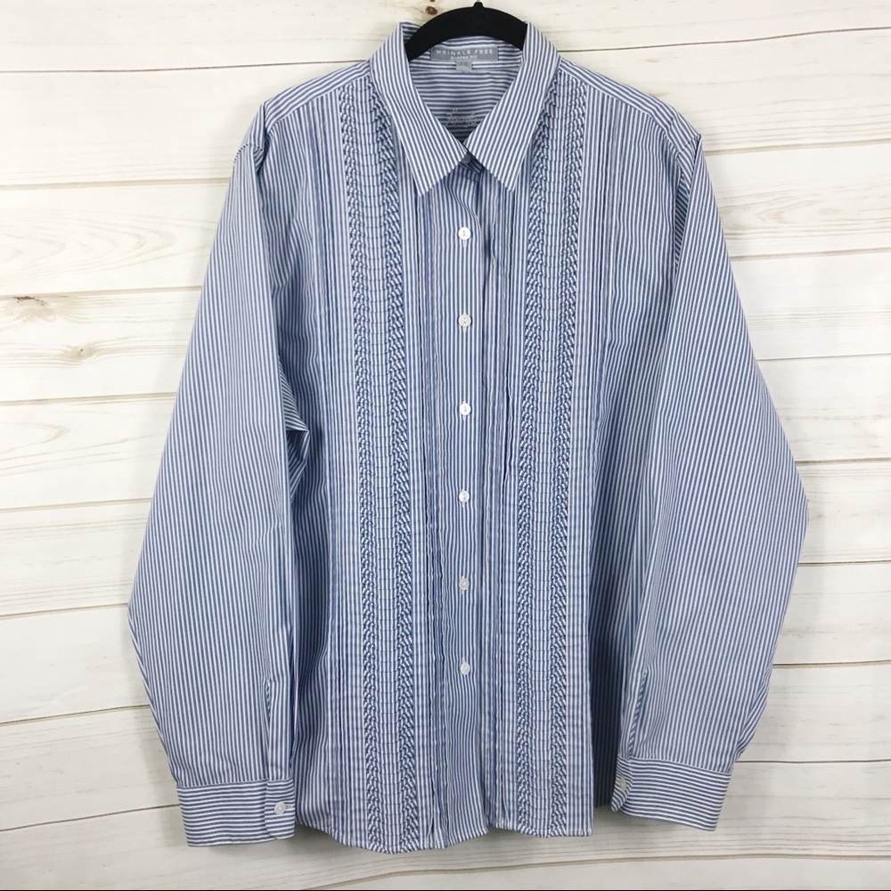[Foxcroft] Blue Striped Wrinkle Free Button Down